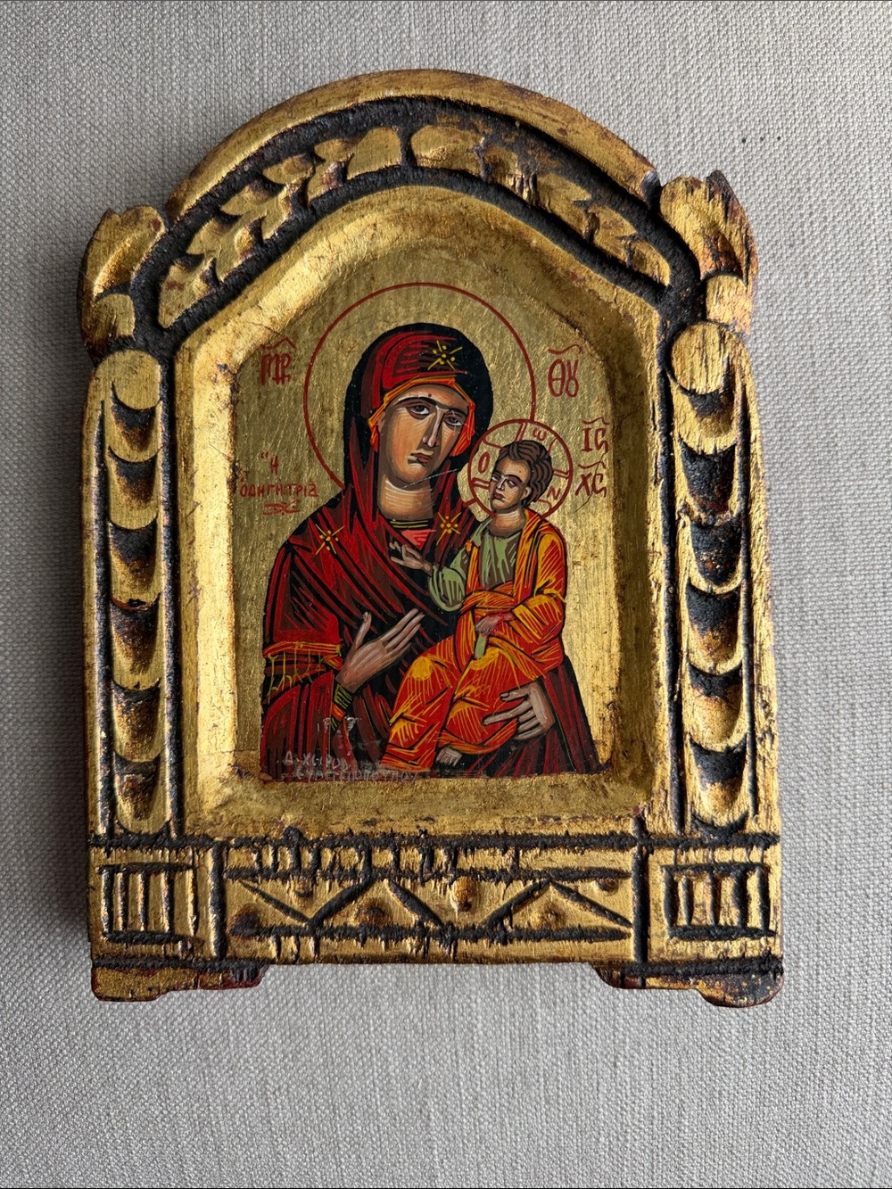 Hand-Painted Gold and Red Religious Icon Plaque